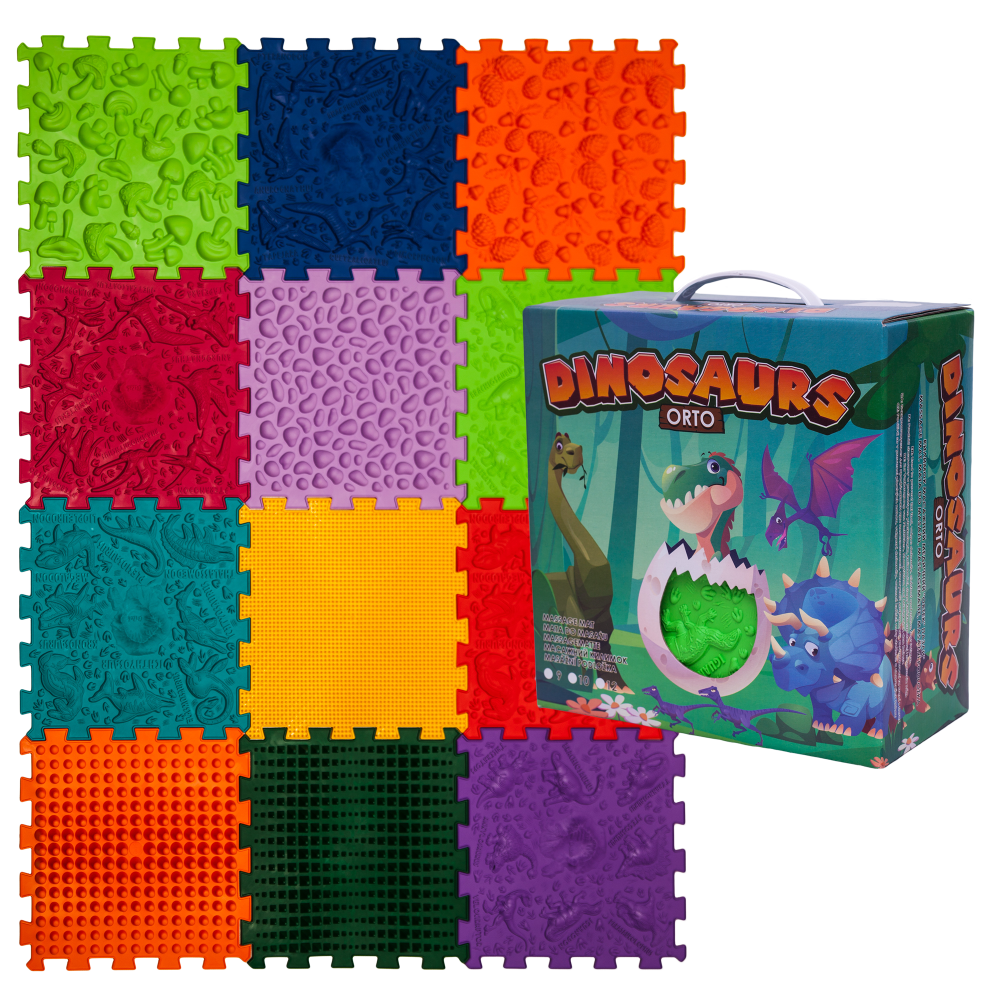 Dinoszauruszok Puzzle 12 elemből álló masszázs szőnyeg